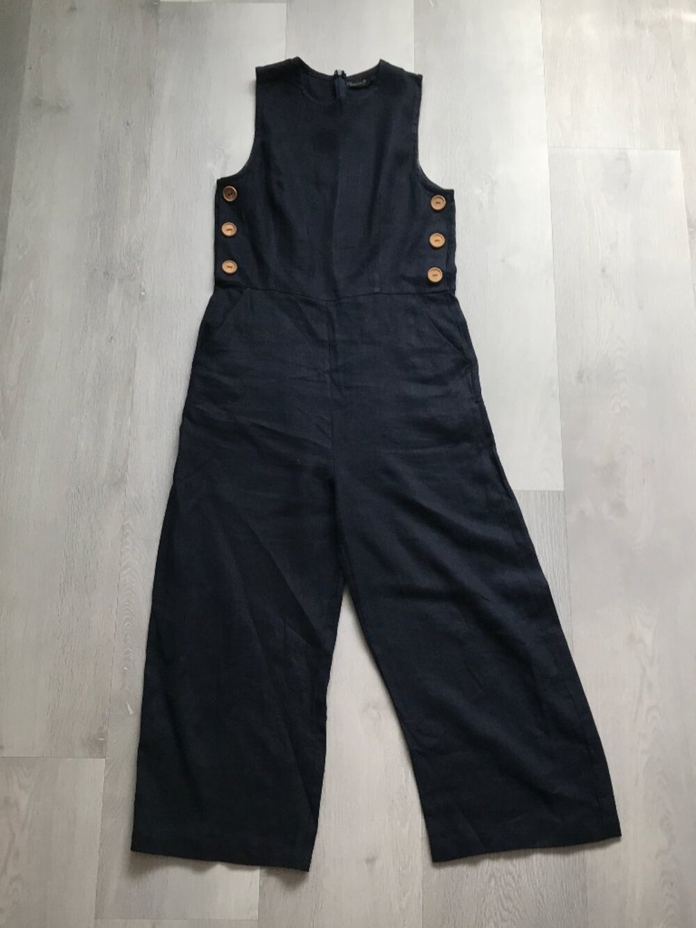 FAUXGERTY LINEN THE AMBER JUMPSUIT BLUE WIDE LEG SUSTAINABLE UPCYCLED FABRIC S